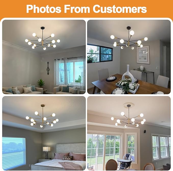 10.9"-52.3" Height Adjustable Modern Chandelier Ceiling Light Fixture, 12-Light Sputnik Chandeliers Brushed Gold and Black Mid Century Chandelier Over Table, Chandeliers for Dining Room Living Room