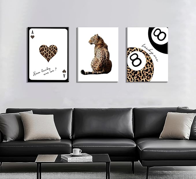 Set of 3 Trendy Leopard Canvas Wall Art, Cheetah & Lucky 8 Ball Playing Card Posters, Preppy Girly Aesthetic Room Decor for Bedroom Dorm Apartment, Framed Prints 16x24 or 12x16 Inch
