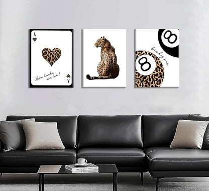 Set of 3 Trendy Leopard Canvas Wall Art, Cheetah & Lucky 8 Ball Playing Card Posters, Preppy Girly Aesthetic Room Decor for Bedroom Dorm Apartment, Framed Prints 16x24 or 12x16 Inch