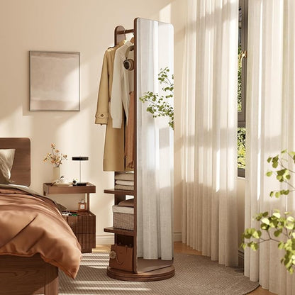 WoodsWhisper Full Length Mirror Coat Rack Solid Wood Floor Mirror 66"x12" Full Length Mirror with Stand Long Mirrors for Bedroom,Living Room (Walnut Brown, 70" L x 16" W)