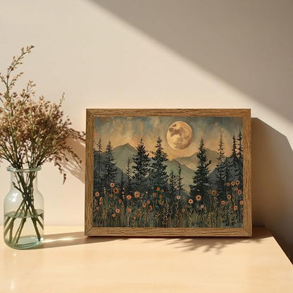 JLTULT Framed Vintage Moon Forest Canvas Wall Art, Moonlight Pine Tree Flower Wall Decor, Woodland Wildflower Picture Prints Artwork for Bedroom Living Room Office Decoration 8x10 inch Easy to Hang