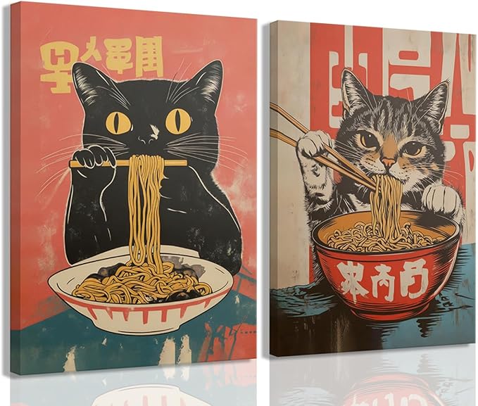 Framed Funny Black Cat Canvas Wall Art Set of 2, Vintage Japanese Cat Eating Ramen Poster, Unique Gifts and Animal Lover Printing Picture for Living Room Kitchen Dining Room Wall Decor 12x16in
