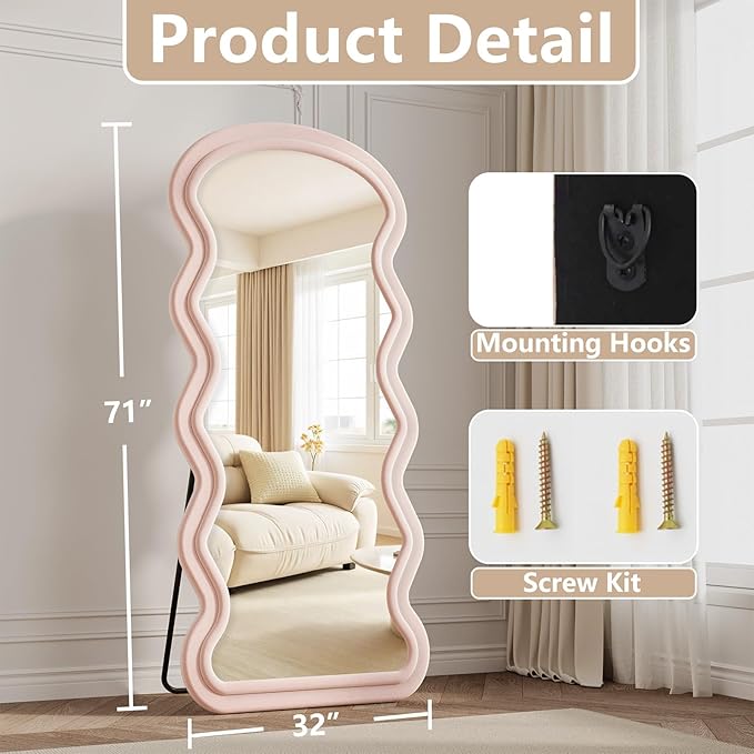 Wavy Full Length Mirror, 71"x32" Flannel Mirrors Full Length with Stand, Full Boby Mirrors for Bedroom, Living Room, Cloakroom, Hanging Leaning Wall Mirror, Pink