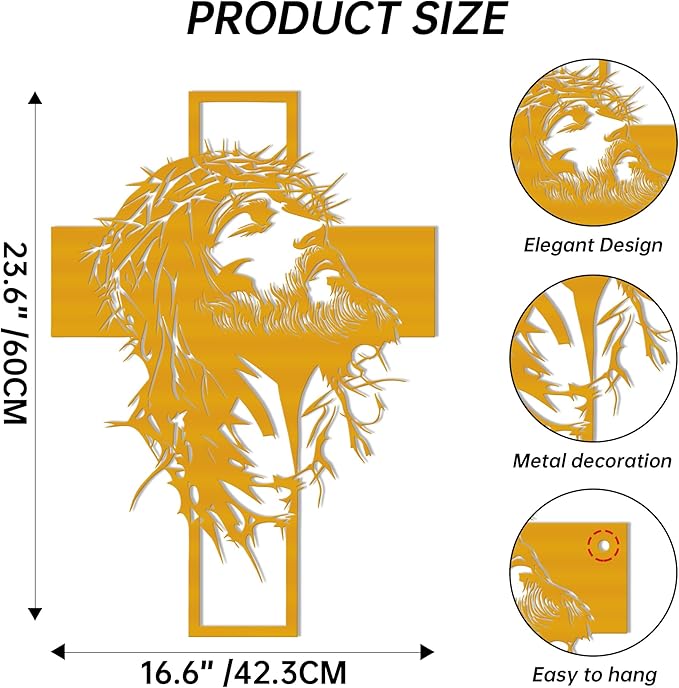 Slickss Golden Jesus Wall Art, Metal Cross Wall Decor with Jesus Figure, 14x10 Inch Religious Wall Hanging, Christian Home Decor for Living Room, Office, Bedroom