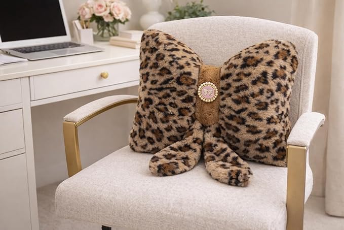 Leopard Print Bow Pillow 12x9 Inch, Cute Plush Bow Shaped Decorative Pillow with Back Strap, Animal Print Room Decor for Bedroom Chair Couch Car