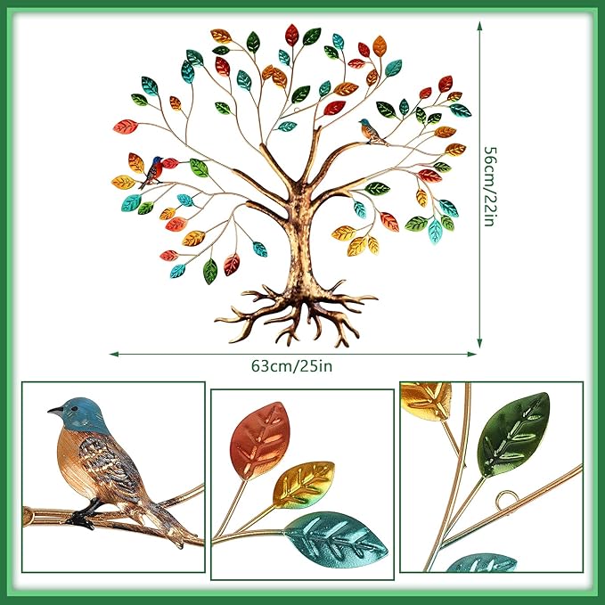 Fangoo Tree of Life Metal Wall Art Sculpture 22 x 26 inch Large Metal Tree of Life Wall Decor Wall Hanging Multi Colored Leaf Art for Living Room Bedroom Garden Porch Patio Office Home Wall Decor