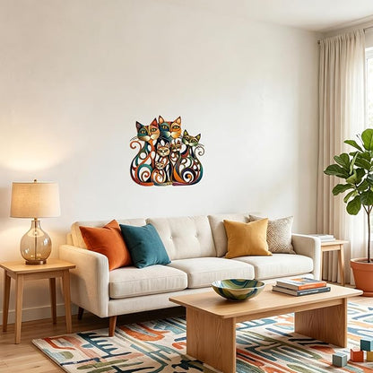 Wesiti Cat Wall Art Decor Iron Wall Sculptures Decor for Cats Lover 10.6 x 15.7 Inches Colorful Retro Mid Century Cat Signs for Home Living Room Bedroom Kitchen Office (Charming)