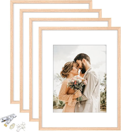 11x14 Picture Frame, Solid Oak Wood Frame 8x10 with Mat or 5x7 with 2 Mat or 11x14 without Mat with Perspex Glass, 11 x 14 Frame for Wall Display Art Photo, Poster, Birthday Christmas Gift, Set of 4