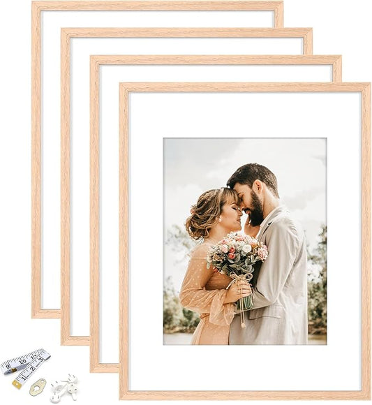 11x14 Picture Frame, Solid Oak Wood Frame 8x10 with Mat or 5x7 with 2 Mat or 11x14 without Mat with Perspex Glass, 11 x 14 Frame for Wall Display Art Photo, Poster, Birthday Christmas Gift, Set of 4