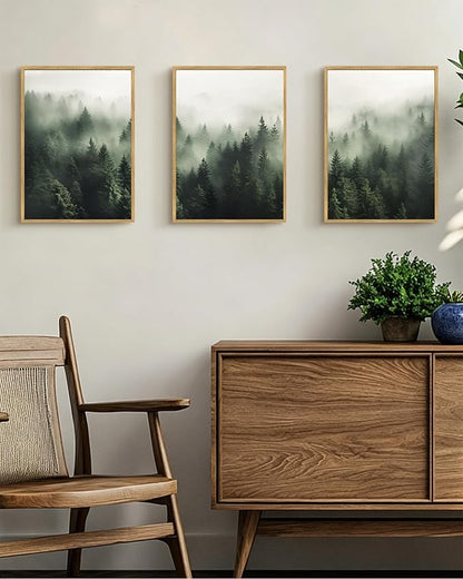 PHOPAGO Green Fog Pine Tree Framed Wall Art Nature Misty Nordic Forests Artwork Morden Paints for Living Room Hallway Decor - 12x16in Natural Framed