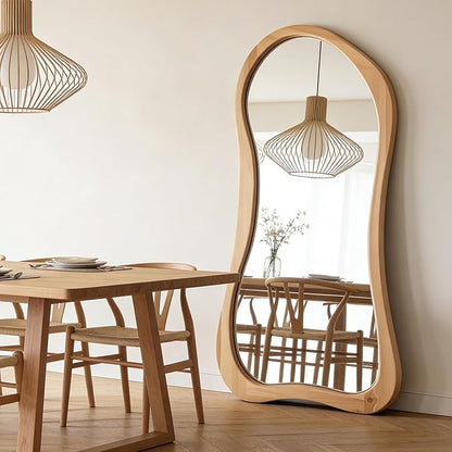 Large Irregular Mirror, 63"x30" Asymmetrical Aesthetic Mirrors with Solid Wood Frame, Premium Organic Shape Floor Mirror for Living Room Entryway Hallway Bedroom Cloakroom, Leaning/Hanging