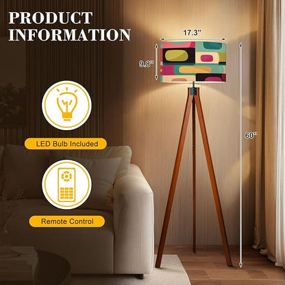 Wood Tripod Floor Lamp mid Century Style Seamless Mid Century Standing Lamp Linen Shade Dimmable Modern Tall lamp Home Decor for Living Room Bedroom Office