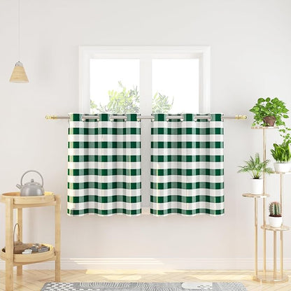 3 Pieces Tier Curtains and Valance Set Buffalo Check Kitchen Tiers Plaid Gingham Grommet Top Classic Short Small Cafe Curtains Country Farmhouse Cafe Bathroom 54"x18"/32"x36" Dark Green & White