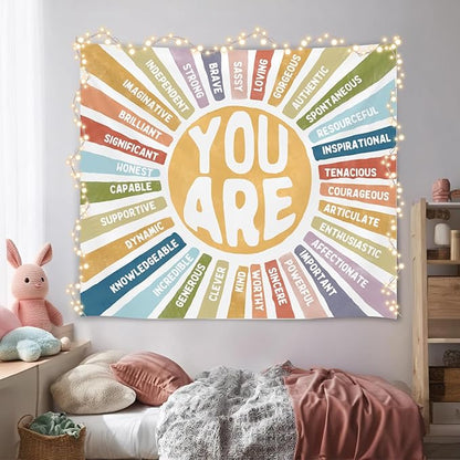 You Are Strong Wall Tapestry, Positive Affirmations Wall Hanging Decor, Self affirmation Poster Banner for Classroom, Counseling Office, Therapy Room, Teen Bedroom and Calm Down Corner(Colorful-You are)