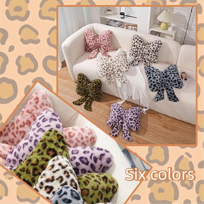 Leopard Print Bow Throw Pillows Cute Plush Pillow Stuffed Bow Backrest Cushion Home & Car Decoration