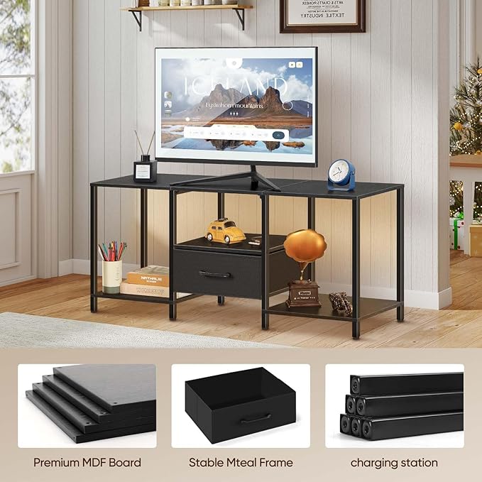 LIANTRAL Black Bedroom TV Stand with Storage Cabinet up to 50 inch TV, Small TV Console Table with Power Outlets 45 inch Media Entertainment Center for Living Room Bedroom (Black)
