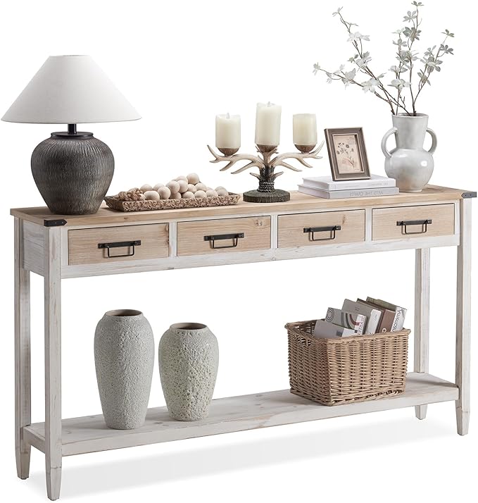 RUSTOWN Farmhouse Console Table with 4 Drawer, 60" Long Rustic Entryway Table with Open Storage Shelves and Handmade Metal Handle, Narrow Foyer Sofa Table for Living Room, Entryway, Hallway(White)