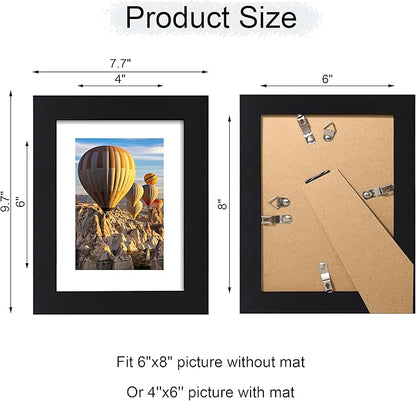 iRahmen 6x8 Picture Frame with Mat 4x6 - High Definition Real Glass Wooden Photo Frames for Tabletop Display and Wall Mounting (Pure Black, Set of 2)