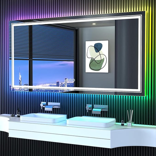 Snowdool LED Mirror for Bathroom, 60"X36" with 8 RGB Backlit +3 Front Lit (Adjustable Individually), Anti-Fog, Large Lighted Bathroom Vanity Mirror for Wall,Shatterproof,Memory Function,Tempered Glass
