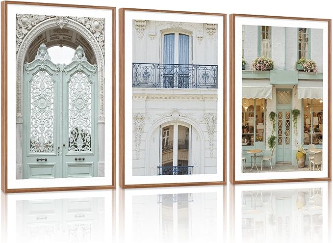 KAlRNE Vintage French Framed Canvas Wall Art Set of 3(16”X24”),Modern Paris Cityscape Wall Decor,European Street Picture,Photography Travel Building Art Prints For Living Room Bedroom Office