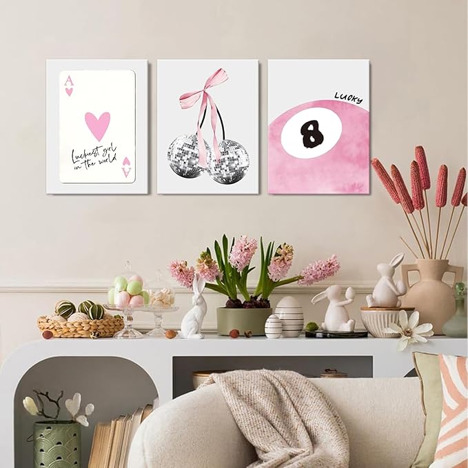 JBZZD Pink Coquette Canvas Wall Art Set of 3 Trendy Preppy Disco 8 Ball Cherry Wall Decor Posters Room Decor Prints Pictures for College Apartment Girls Bedroom Living Room Framed 16x24 In