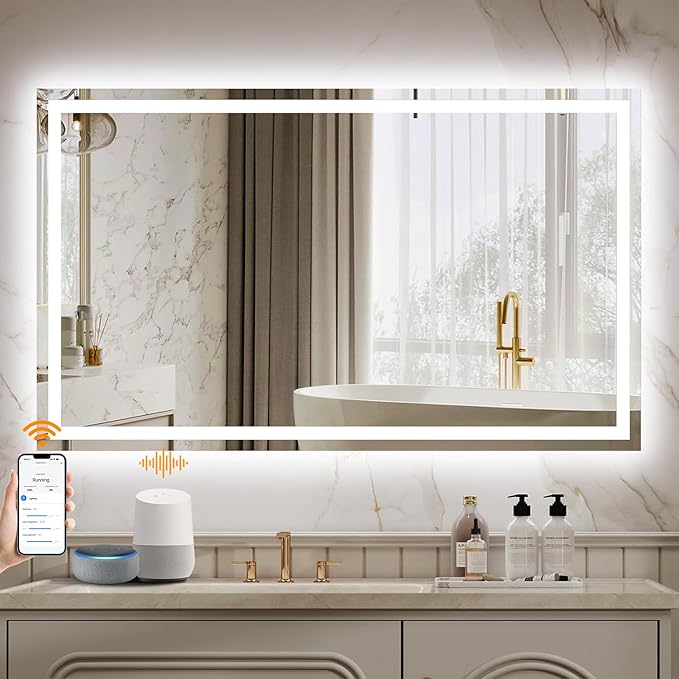 ENZE 24"x40" Smart Lighted Bathroom Mirror for Wall, WiFi App & Voice Control (Alexa/Google), Anti-Fog, 3-Color Dimmable, Built-in Clock, Plug-in/Hardwired Vanity Mirror