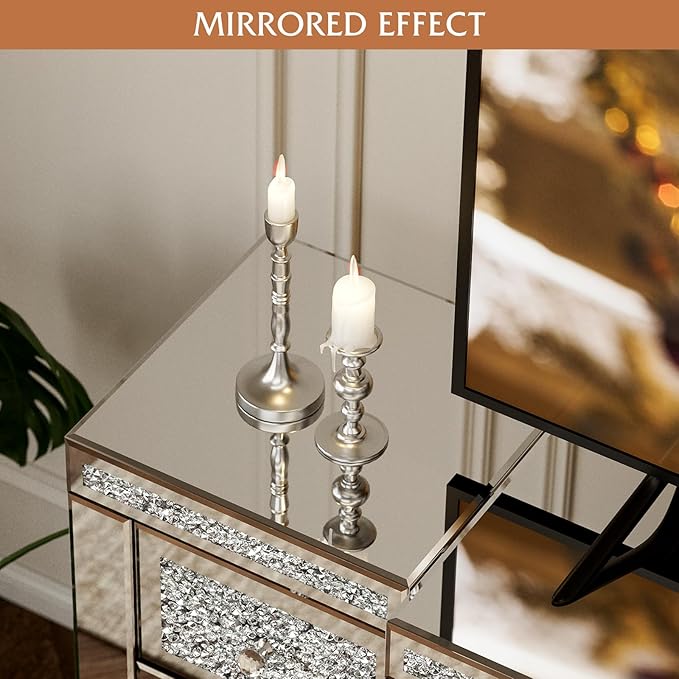 IKIFLY Mirrored Fireplace TV Stand for 65+ inch TV, Silver TV Console Table with Crushed Diamond and LED, Modern Media Entertainment Center with Storage for Living Room, Bedroom and Office