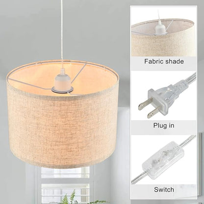 2 Pack Plug in Pendant Light, Hanging Light with 15Ft Clear Cord, On/Off Switch, Beige Linen Fabric Lamp Shade, Hanging Light Fixture for Bedroom, Kitchen, Living Room, Dining Table