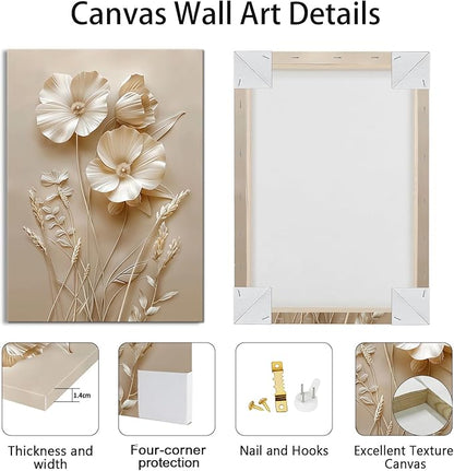 WENGTIAO 3Pcs Beige Flower Canvas Wall Art Prints Neutral Floral Plant Wall Painting Minimalist Botanical Blossom Poster Picture Vintage Artwork Home Decor for Living Room Bedroom Office 20”x28”x3Pcs