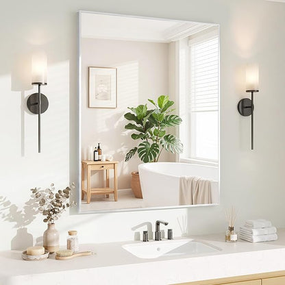 Koonmi Silver Rectangle Wall Mirror, 30x36 Inch Bathroom Mirror, Aluminum Frame Vanity Mirror for Entryway, Living Room, Bedroom Bathroom, Hangs Horizontally or Vertically