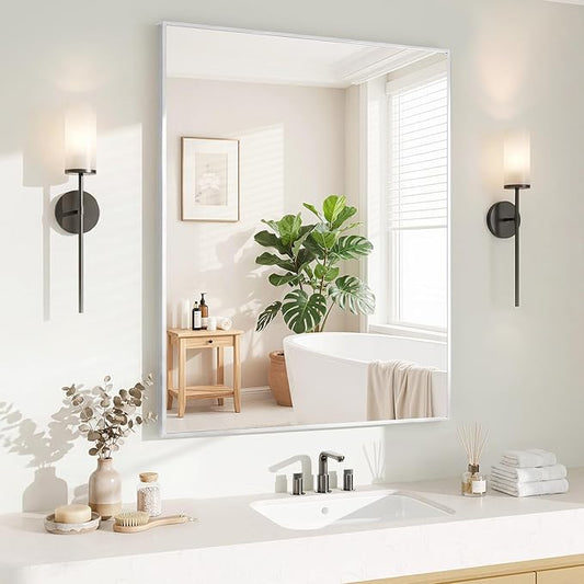 Koonmi Silver Rectangle Wall Mirror, 30x36 Inch Bathroom Mirror, Aluminum Frame Vanity Mirror for Entryway, Living Room, Bedroom Bathroom, Hangs Horizontally or Vertically