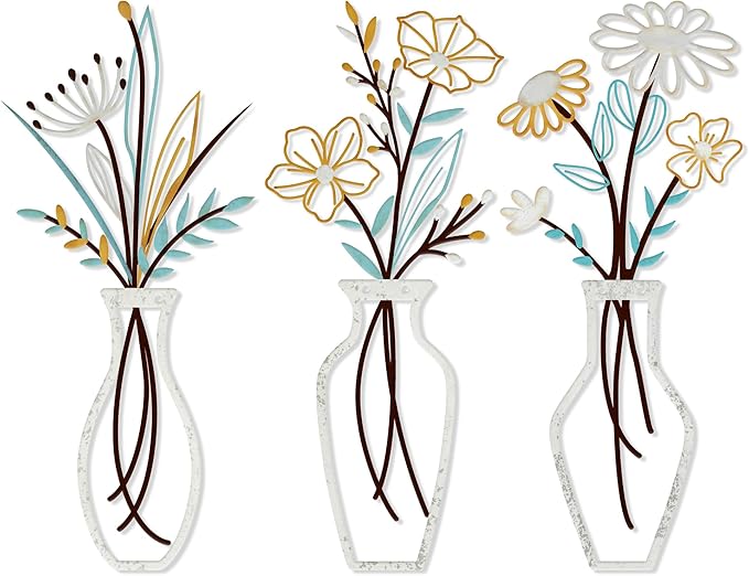 Wisecy Metal Flower Wall Art, 3 Pcs Rustic Farmhouse Wall Decor, for Living Room, Bedroom, Dining Room - Housewarming Gifts