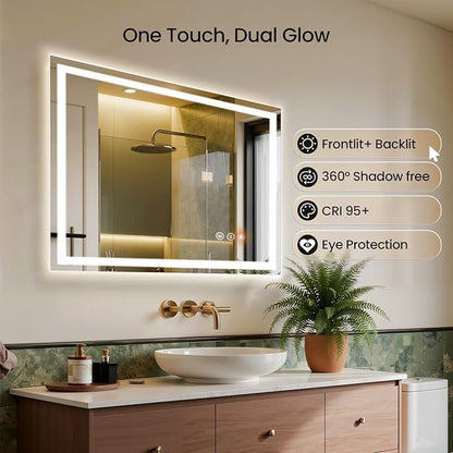 48X24 LED Bathroom Mirror with Lights, Anti-Fog, Backlit + Front Lit (CRI>90), Lighted Bathroom Vanity Mirror for Wall, Memory Function, Dimmable, Tempered Glass, Shatter-Proof