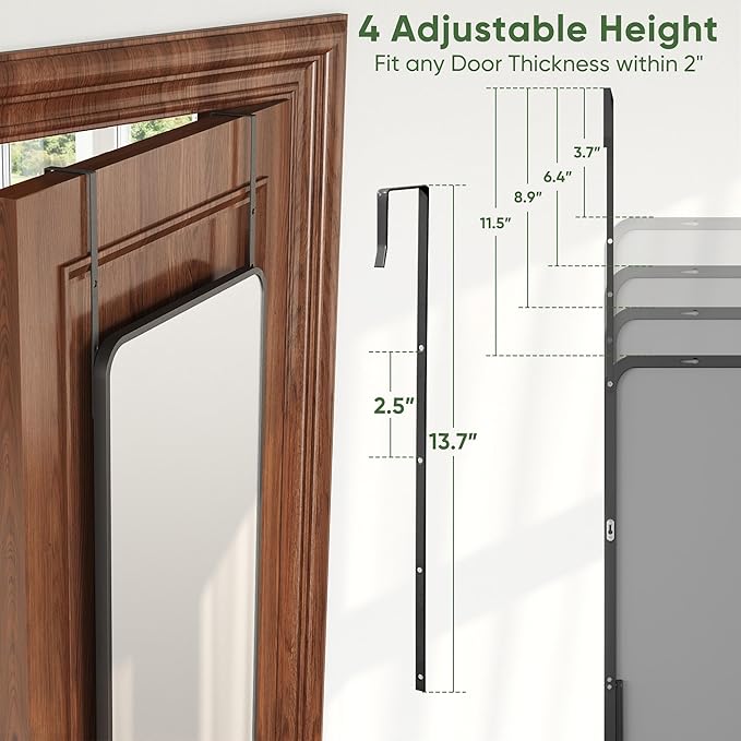 Suidia Full Length Mirror Over the Door&Wall Mounted, 48"x14" Door Mirror with Aluminum Alloy Frame, HD Shatterproof, No-Drill, Hanging Mirrors for Bedroom, Bathroom, Dorm, Closet, Rounded Rect, Black