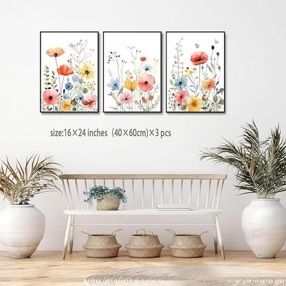 KISSFOX Framed Colorful Wildflower Canvas Wall Art Set Of 3 Flowers Pictures Prints Flowers Printing Floral Watercolors Flower wall Decor Living Room Girls Bedroom Bathroom