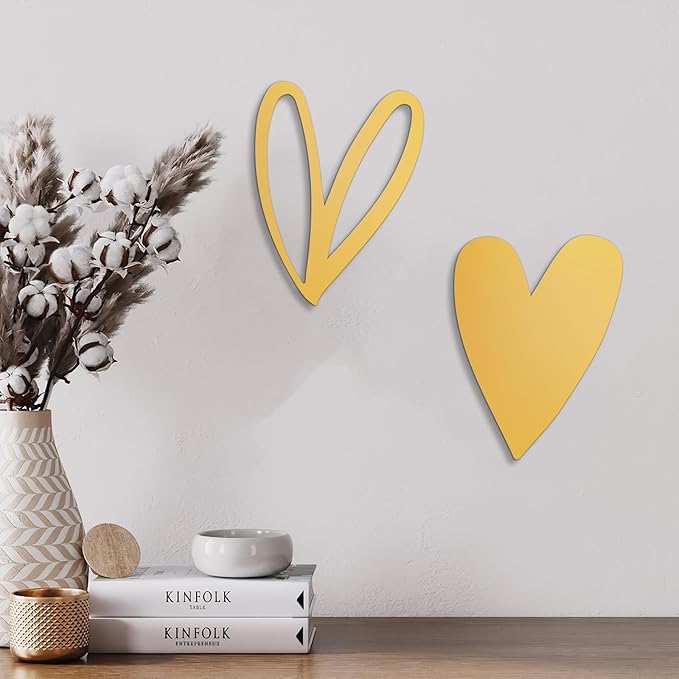 Vineland Metal Heart Wall Art Decor, Gold Minimalist Wall Sculptures for Living Room Bedroom Bathroom Kitchen Decorations, Housewarming Gifts, 5.9x7.8 Inches, Set of 2