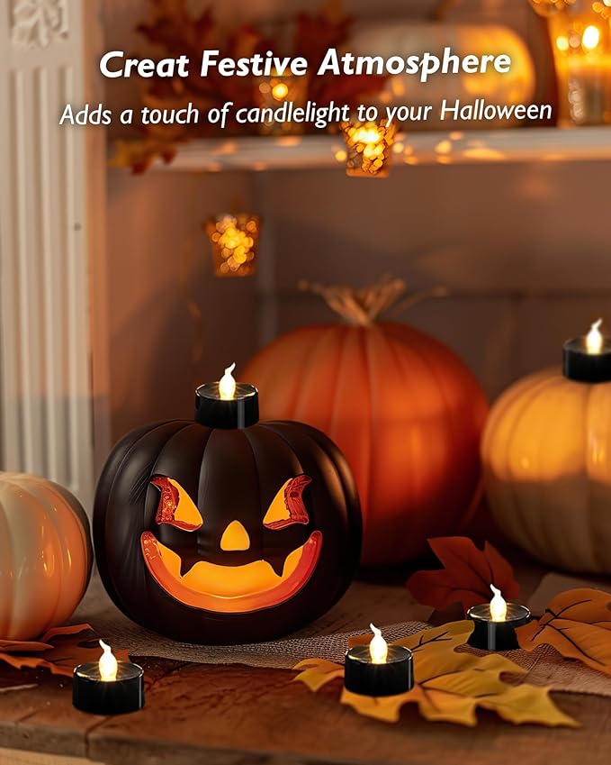 merrynights Black Candles, 12 Pack Tea Lights Candles Battery Operated, LED Tealight Candle, Flameless Votive Candle for Fall Holiday Decor, Theme Party -1.4" D X 1.3" H