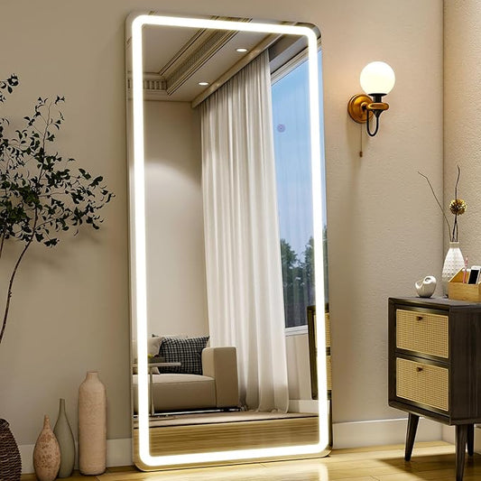 Easly 26x68 inch Full Length Mirror with Lights, LED Lighted Floor Standing, Hanging Mirror Full Length with Stand Free, Full Body Dressing Mirrors with Dimmable 3 Color LED