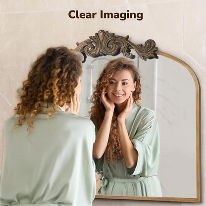 USHOWER Gold Anthropologie Vintage Arched Mirror 36" x 30", Large Baroque Ornate Mirror with Antique Brass Frame for Fireplace, Bathroom, Living Room, Entryway Renovation