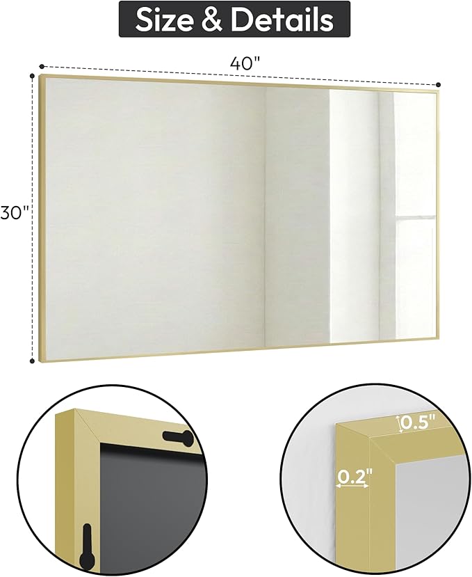 30" x 40" Gold Wall Mirror, 40" x 30" Metal Framed Accent Decor, Transitional Rectangular Mirror for Mantle & Bathroom Vanity