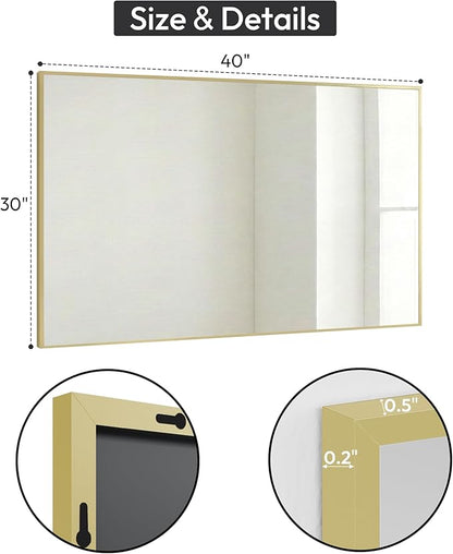30" x 40" Gold Wall Mirror, 40" x 30" Metal Framed Accent Decor, Transitional Rectangular Mirror for Mantle & Bathroom Vanity