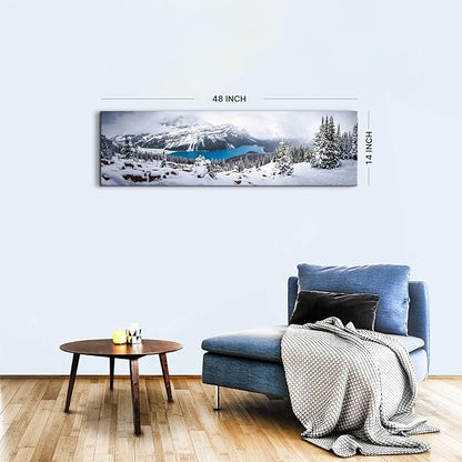 Snow Mountain Canvas Wall Art White Clouds Misty Forest Landscape Prints Picture Wall Decor Winter Tree Blue Lake Scenery Photography Painting Artwork for Living Room Bedroom Office Decoration 14x48"