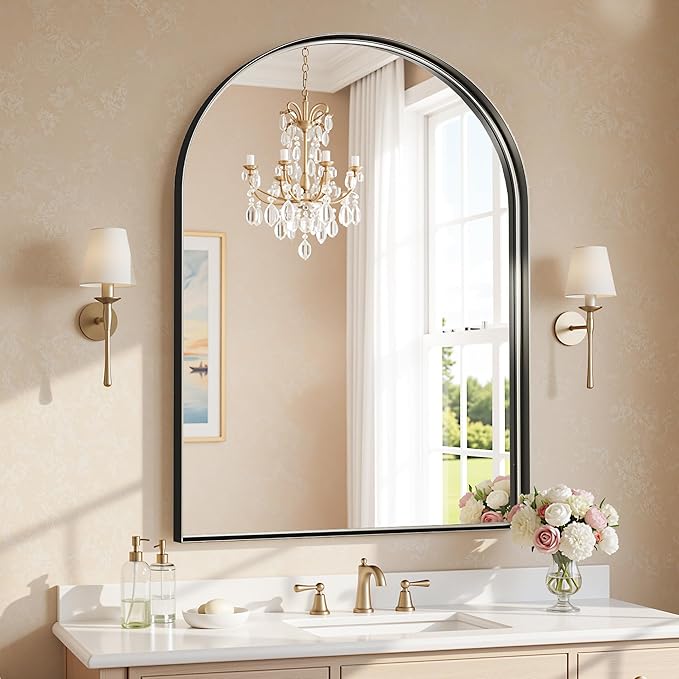 Arched Bathroom Mirror, 30x40 Inch Black Arched Wall Mirror with Metal Deep Frame, Arch Mirrors for Wall Decor, Vanity, Entryway, Living Room