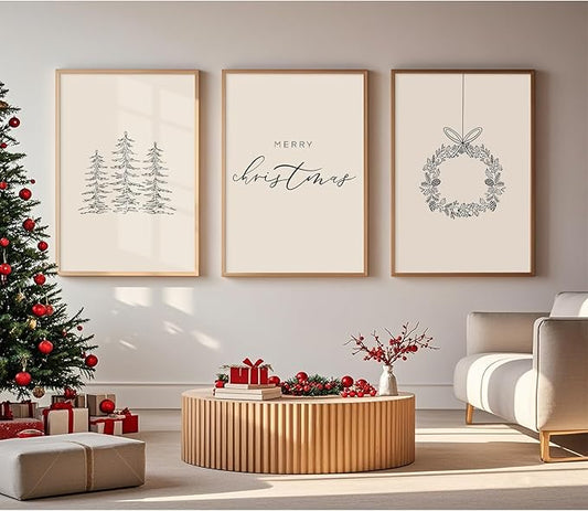 Baccone Christmas Wall Art Winter Xmas Canvas Decor Merry Christmas Wall Art Minimalist Vintage Painting Beige Farmhouse Prints Holiday Poster for Bathroom 12x16x3 Inch Unframed