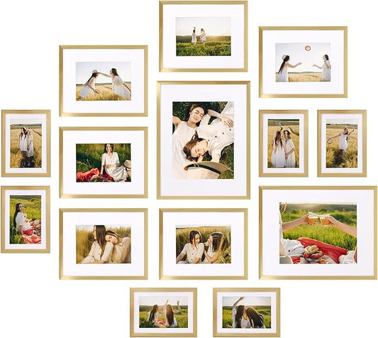 Giftgarden 14 Pack Gold Picture Frames Set, 2pcs 11x14 Matted for 8x10, 6pcs 8x10 Matted for 5x7, 6pcs 5x7 Matted for 4x6, Gallery Frame Collage for Wall or Tabletop Display