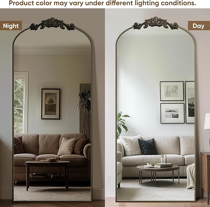 Antok Arched Full Length Mirror, 65"x22" Floor Mirror with Carved, Full Body Mirrors for HomeDecor, Standing/Halling Large Wall Mirror for Bedroom, Living Room, Cloakroom, Bronze, Retro Style