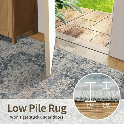 Rugxara 9x12 Area Rugs for Living Room Bedroom, Large Washable Rug, Blue Vintage Retro Boho Rug, Non Slip & Low Pile Faux Wool Thin Carpet for Indoor Dining Room and Kids Room(Blue 9x12ft)