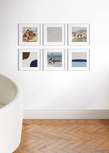 HAUS AND HUES White Oak Wood 16x16 Picture Frames - Set of 6, Square Frames with Mat, Contemporary White Frames for Gallery Walls (16x16 in, White, Set of 6)