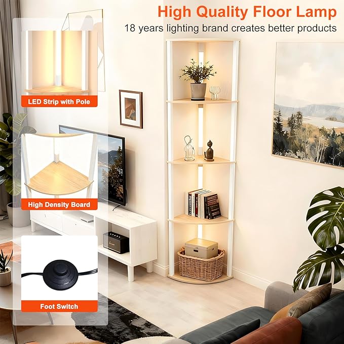 Lightdot Corner Floor Lamps with Shelves, 64Inch 5-Tier Storage Shelf Lamp with Integrated LED Posts/Walnut Shelf/White Frame, White Display Floor Lamp for Living Room/Bedroom/Sofa Beside/Corner Decor
