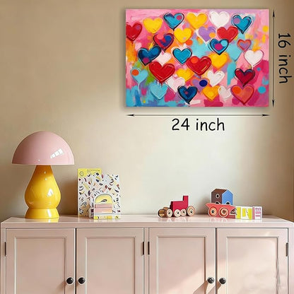 16x24 Graffiti Pink Hearts Canvas Art Wall Modern Abstract Love Painting Colorful Kids Bedroom Decor Photo Teen Girl Rainbow Room Wall Posters Child Gift Bathroom Oil Prints Office Bright Pictures
